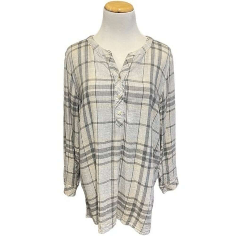 J. Jill Long Sleeve Plaid Button Down Popover Top - Large Petite